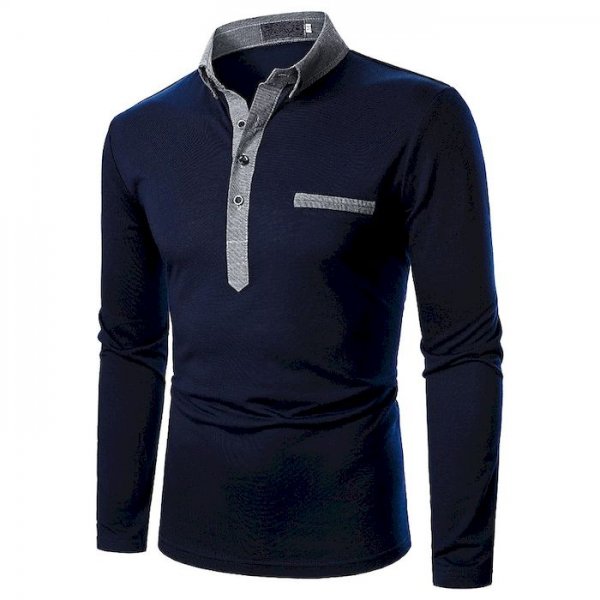 Men's Golf Shirt non-printing Color Block Patchwork Long Sleeve Casual Tops Simple Casual Fashion Classic Navy Blue