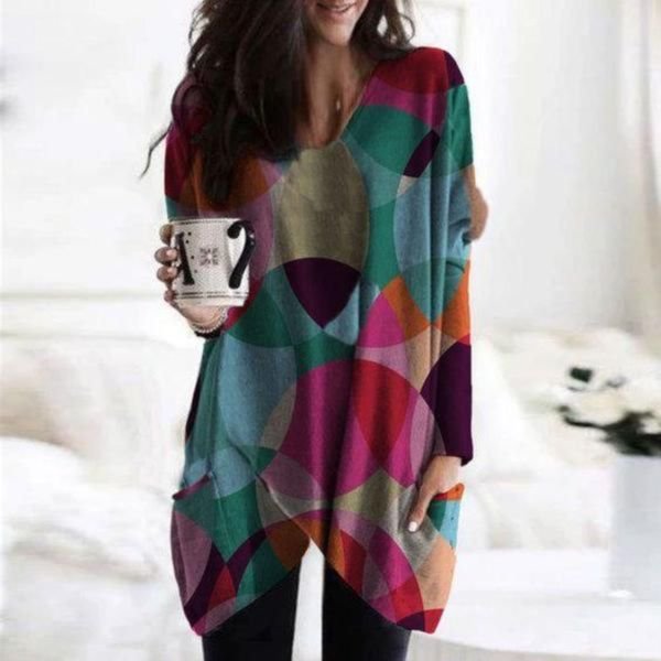 Stylish V-Neck Long Sleeve Color Block Top