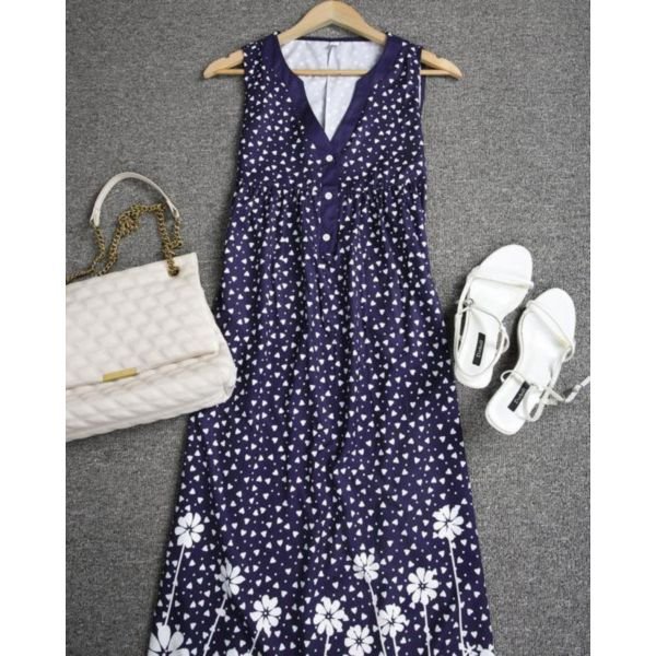 Attractive Print V-Neck Sleeveless Midi Dress