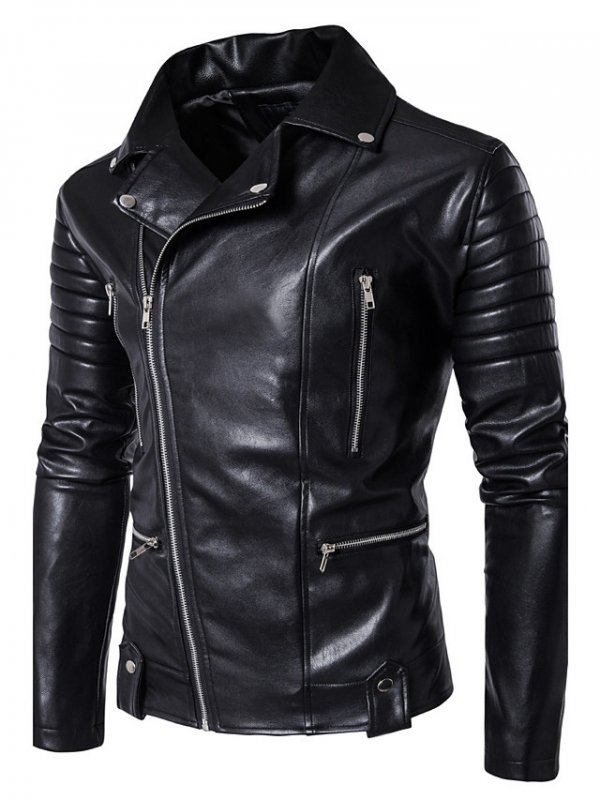 Men's Fall Notch Lapel Collar Leather Jacket Regular Solid Colored Daily Streetwear Long Sleeve Black Winter/Club