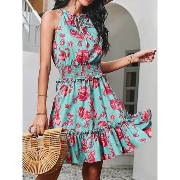 Romantic Print Sleeveless Mini Dress