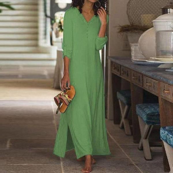 Fresh Plain Green Long Sleeve Maxi Dress