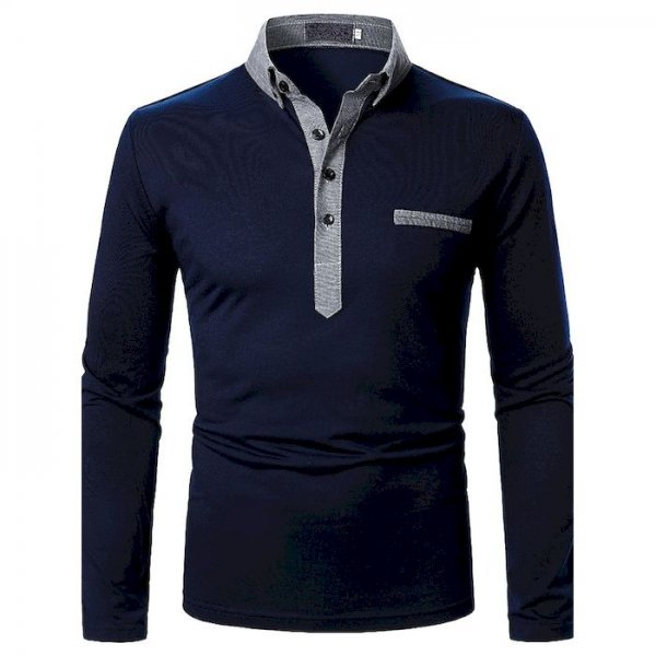 Men's Golf Shirt non-printing Color Block Patchwork Long Sleeve Casual Tops Simple Casual Fashion Classic Navy Blue