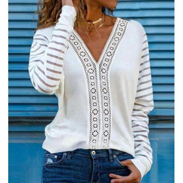 Stylish V-Neck Plain White Long Sleeve Top