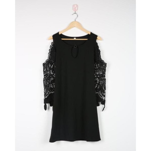 Chic Cold Shoulder Hollow Out Sleeve Black Mini Dress