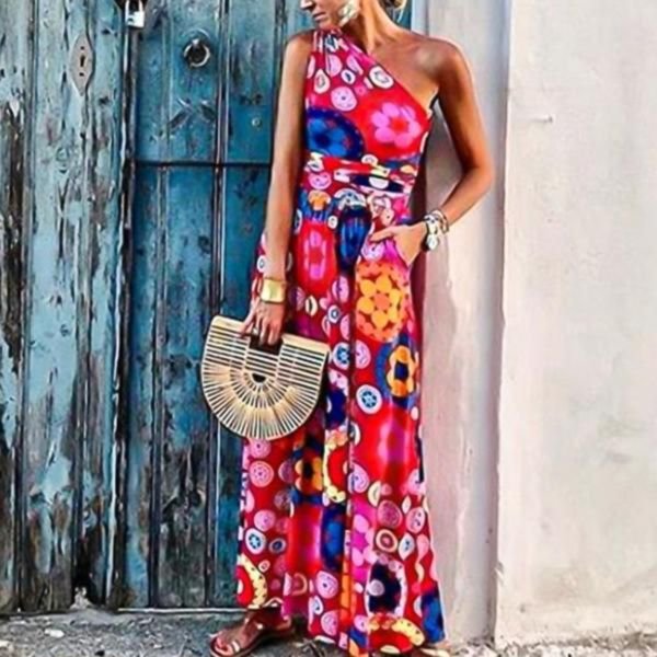 Printed One-shoulder Maxi Dress