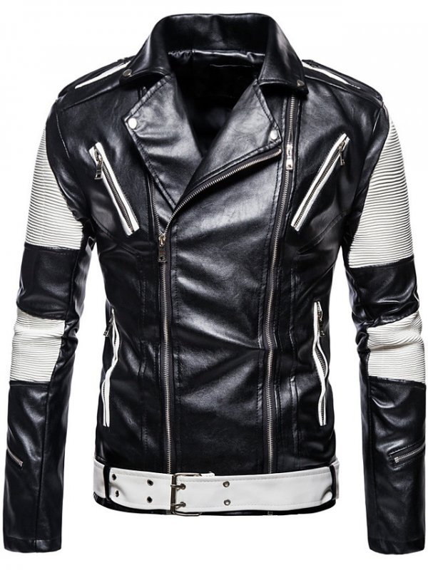 Men's Shawl Lapel Leather Jacket Regular Color Block Going Out White Black