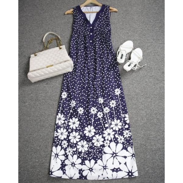 Attractive Print V-Neck Sleeveless Midi Dress