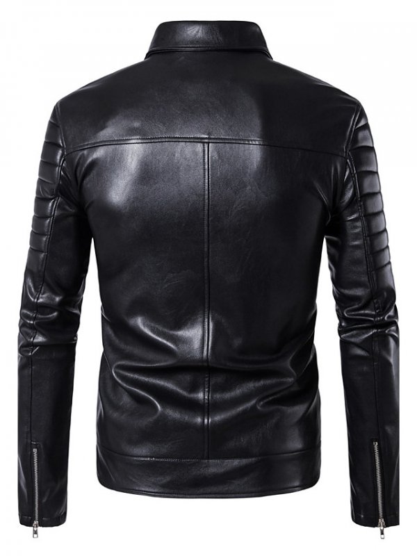 Men's Fall Notch Lapel Collar Leather Jacket Regular Solid Colored Daily Streetwear Long Sleeve Black Winter/Club