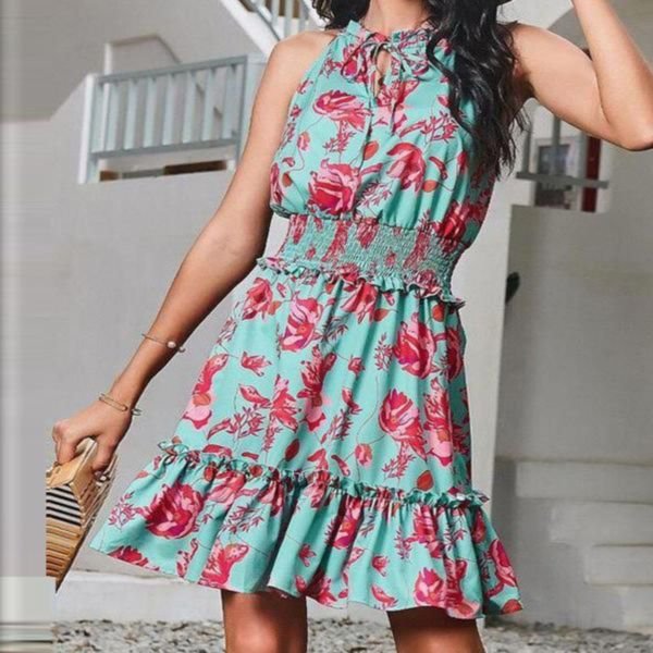 Romantic Print Sleeveless Mini Dress